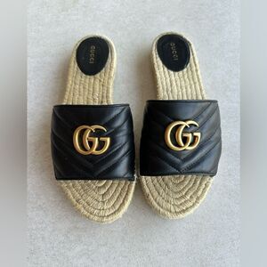Gucci Pilar GG Marmont Leather Espadrille Slide Sandals Size EU 39.5 US9.5 Black